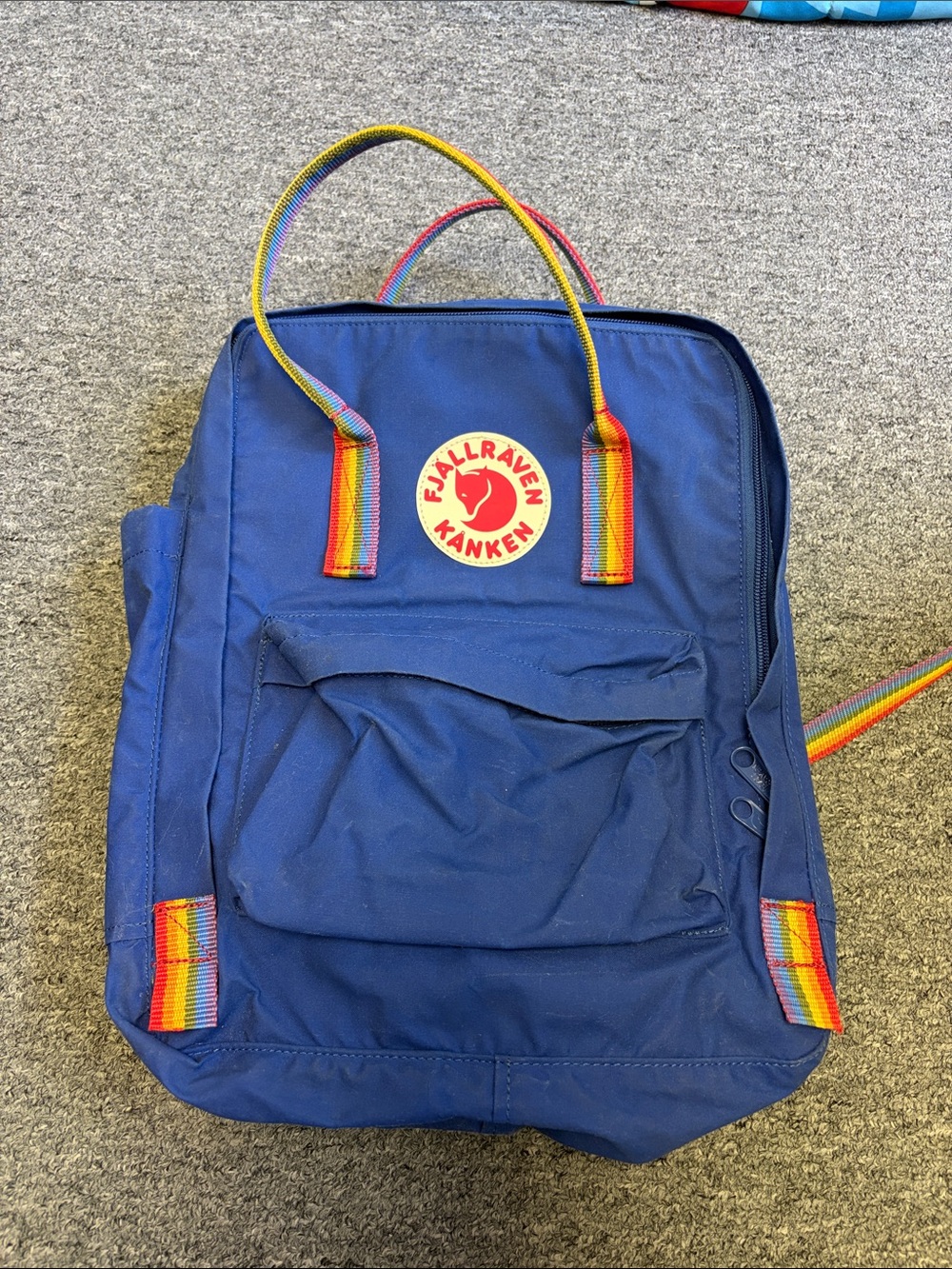 Fjallraven Kanken Backpack in Blue with Rainbow Trim